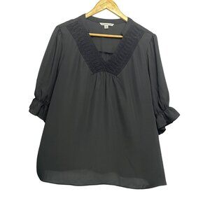 Zac & Rachel Woman Black V-Neck Blouse 2X Ruffle Sleeves Lace Detail Sheer